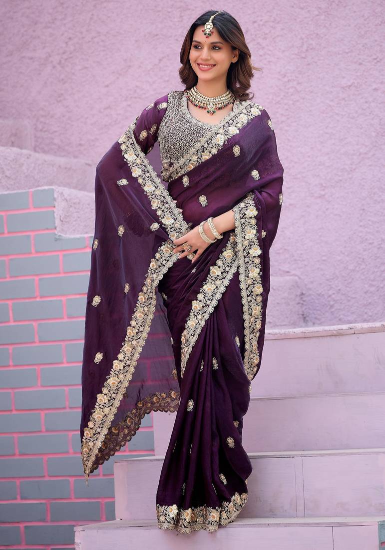 Celebrity type wine purple embroidered border motifs fandy satin saree with unstitched blouse