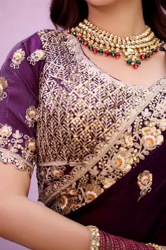 Celebrity type wine purple embroidered border motifs fandy satin saree with unstitched blouse