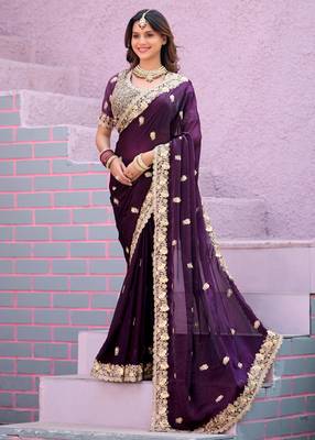 Celebrity type wine purple embroidered border motifs fandy satin saree with unstitched blouse 3