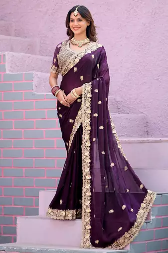 Celebrity type wine purple embroidered border motifs fandy satin saree with unstitched blouse