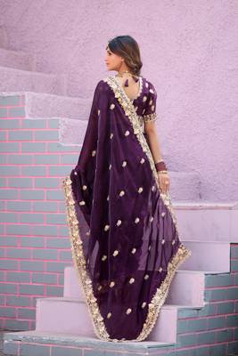 Celebrity type wine purple embroidered border motifs fandy satin saree with unstitched blouse 4