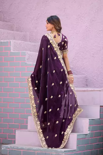 Celebrity type wine purple embroidered border motifs fandy satin saree with unstitched blouse