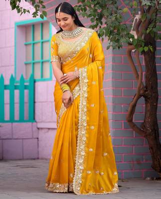 Floral yellow embroidered border motifs fandy satin saree with unstitched blouse 1