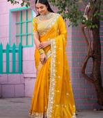 Floral yellow embroidered border motifs fandy satin saree with unstitched blouse