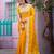 Floral yellow embroidered border motifs fandy satin saree with unstitched blouse