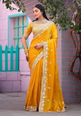 Floral yellow embroidered border motifs fandy satin saree with unstitched blouse 2