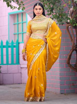 Floral yellow embroidered border motifs fandy satin saree with unstitched blouse 3