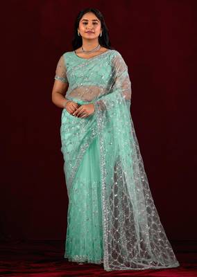 Embellished aqua sea green sequin embroidery embroidered border net saree with unstitched blouse 1