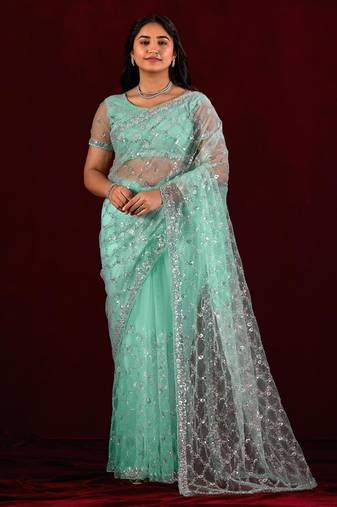 Embellished aqua sea green sequin embroidery embroidered border net saree with unstitched blouse