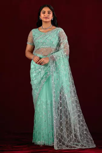 Embellished aqua sea green sequin embroidery embroidered border net saree with unstitched blouse