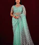 Embellished aqua sea green sequin embroidery embroidered border net saree with unstitched blouse