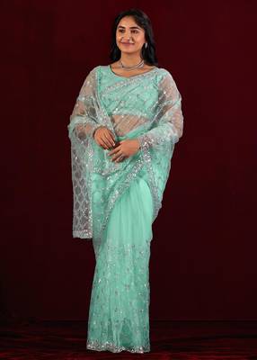 Embellished aqua sea green sequin embroidery embroidered border net saree with unstitched blouse 3