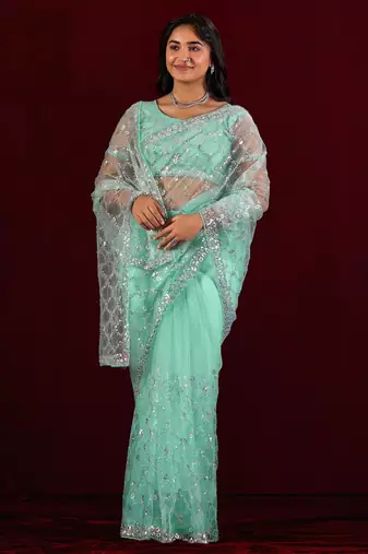 Embellished aqua sea green sequin embroidery embroidered border net saree with unstitched blouse