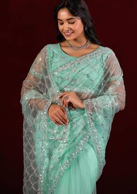 Embellished aqua sea green sequin embroidery embroidered border net saree with unstitched blouse 4