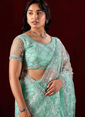 Embellished aqua sea green sequin embroidery embroidered border net saree with unstitched blouse 5