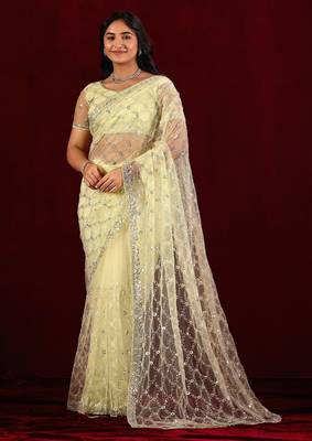 Ethnic lemon yellow sequin embroidery embroidered border net saree with unstitched blouse 1