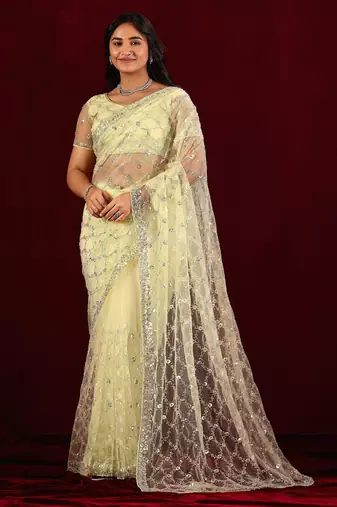 Ethnic lemon yellow sequin embroidery embroidered border net saree with unstitched blouse