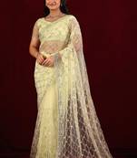 Ethnic lemon yellow sequin embroidery embroidered border net saree with unstitched blouse