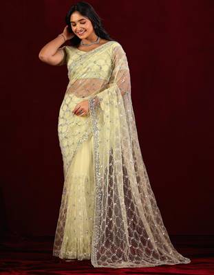 Ethnic lemon yellow sequin embroidery embroidered border net saree with unstitched blouse 2