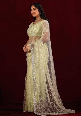 Ethnic lemon yellow sequin embroidery embroidered border net saree with unstitched blouse 3