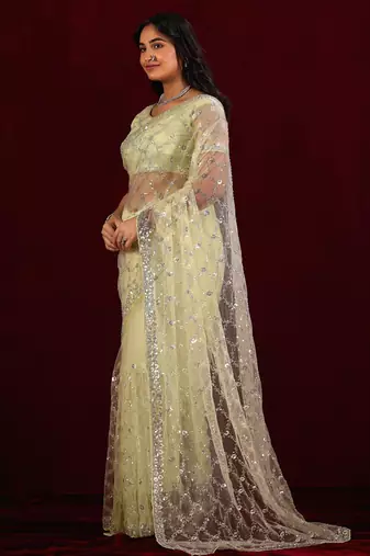 Ethnic lemon yellow sequin embroidery embroidered border net saree with unstitched blouse