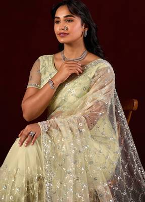 Ethnic lemon yellow sequin embroidery embroidered border net saree with unstitched blouse 4