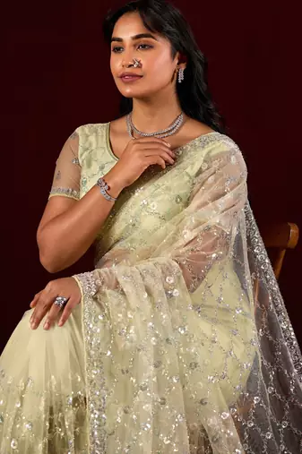 Ethnic lemon yellow sequin embroidery embroidered border net saree with unstitched blouse
