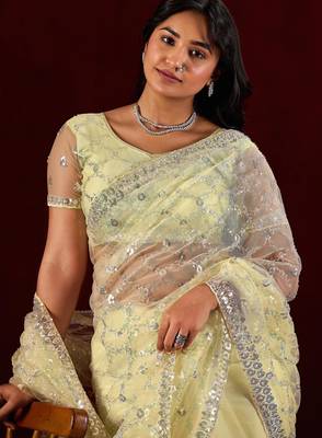 Ethnic lemon yellow sequin embroidery embroidered border net saree with unstitched blouse 5