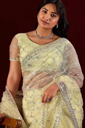 Ethnic lemon yellow sequin embroidery embroidered border net saree with unstitched blouse