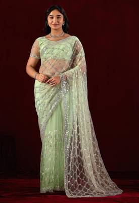 Trendy mint green sequin embroidery embroidered border net saree with unstitched blouse 1