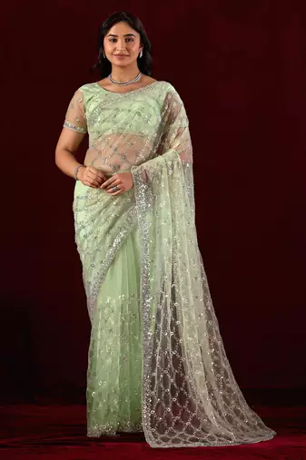 Trendy mint green sequin embroidery embroidered border net saree with unstitched blouse