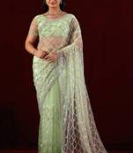Trendy mint green sequin embroidery embroidered border net saree with unstitched blouse
