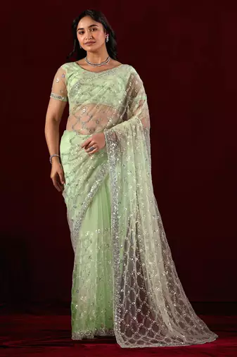 Trendy mint green sequin embroidery embroidered border net saree with unstitched blouse