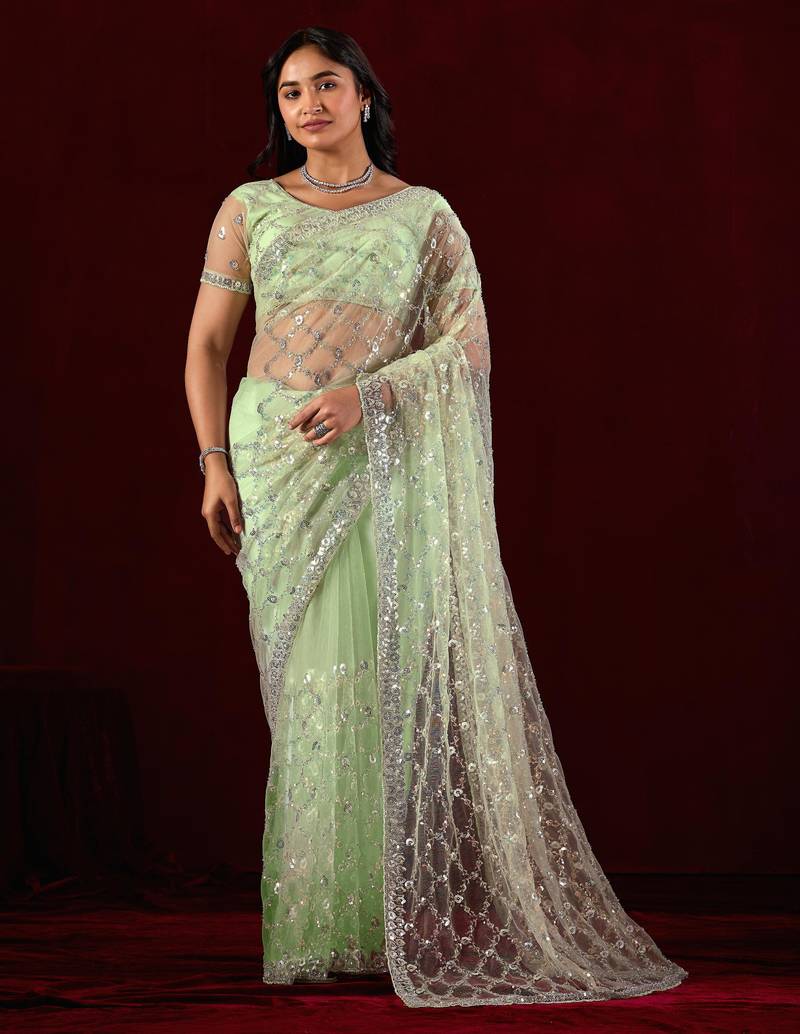 Trendy mint green sequin embroidery embroidered border net saree with unstitched blouse