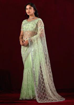 Trendy mint green sequin embroidery embroidered border net saree with unstitched blouse 3