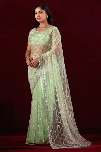 Trendy mint green sequin embroidery embroidered border net saree with unstitched blouse