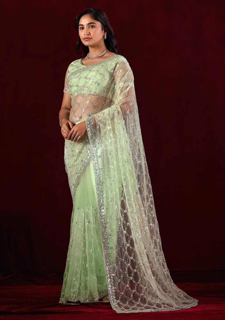 Trendy mint green sequin embroidery embroidered border net saree with unstitched blouse