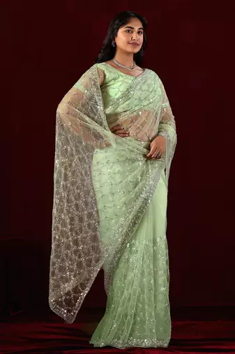 Trendy mint green sequin embroidery embroidered border net saree with unstitched blouse