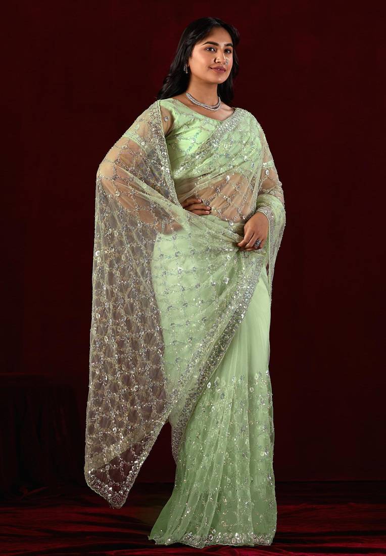 Trendy mint green sequin embroidery embroidered border net saree with unstitched blouse