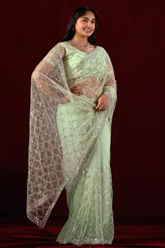 Trendy mint green sequin embroidery embroidered border net saree with unstitched blouse