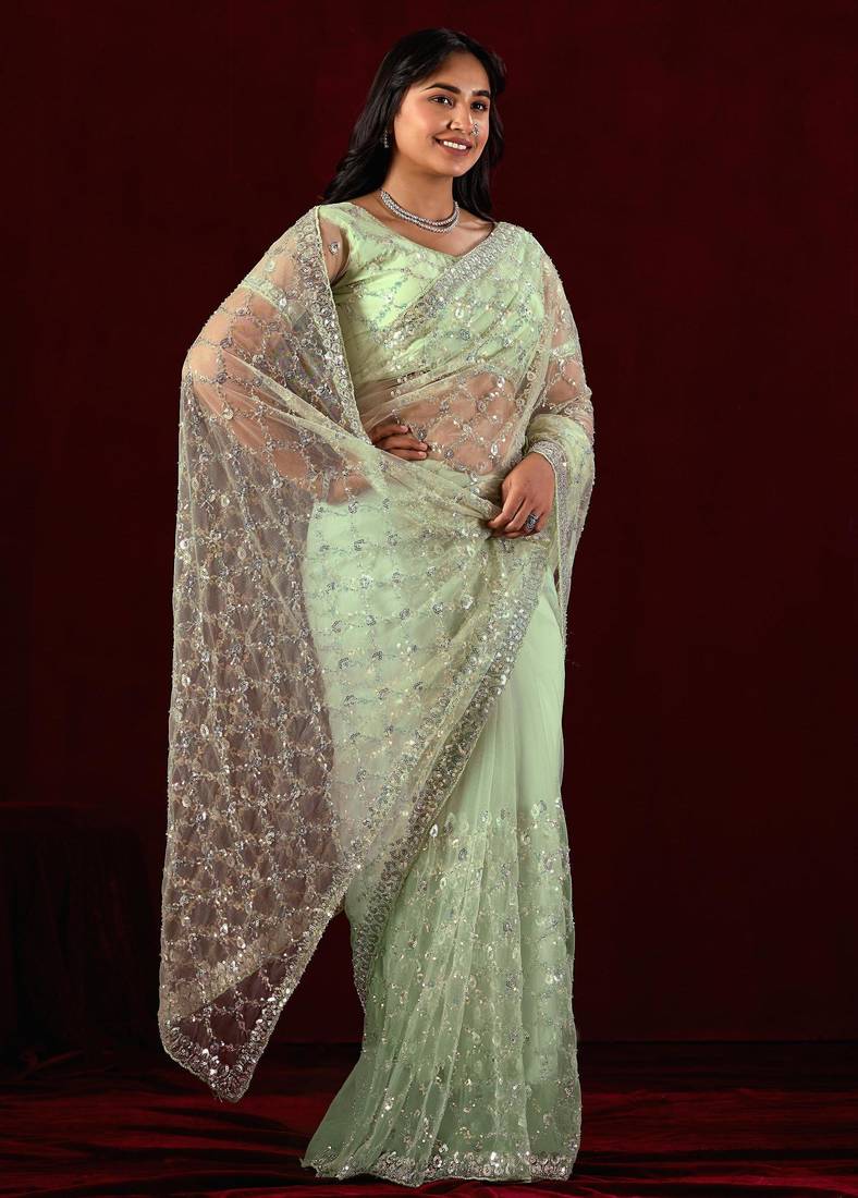 Trendy mint green sequin embroidery embroidered border net saree with unstitched blouse
