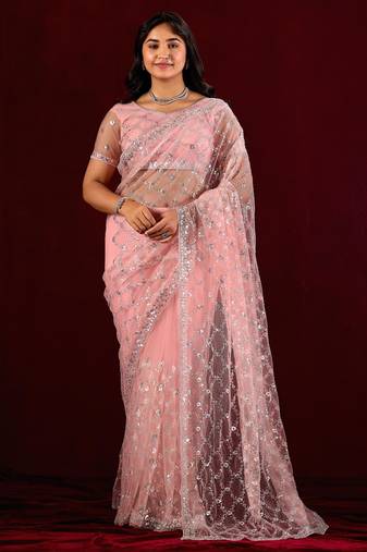 Traditional pink sequin embroidery embroidered border net saree with unstitched blouse