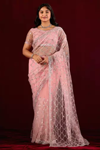 Traditional pink sequin embroidery embroidered border net saree with unstitched blouse