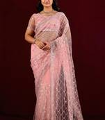 Traditional pink sequin embroidery embroidered border net saree with unstitched blouse