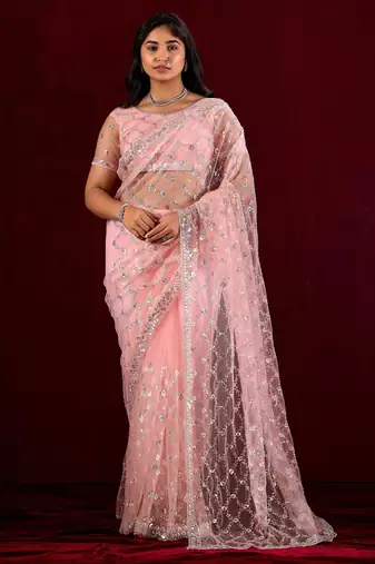 Traditional pink sequin embroidery embroidered border net saree with unstitched blouse