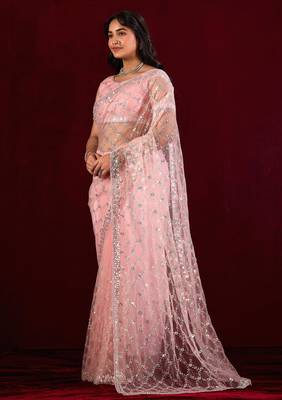 Traditional pink sequin embroidery embroidered border net saree with unstitched blouse 4