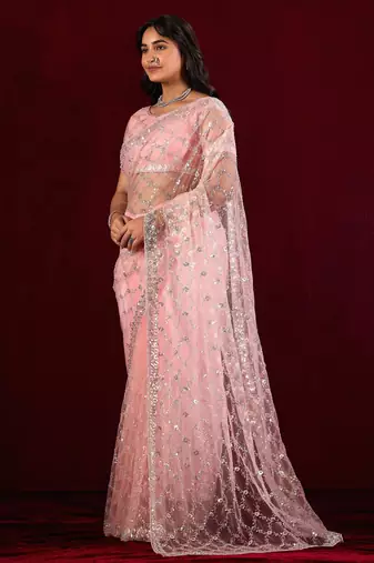 Traditional pink sequin embroidery embroidered border net saree with unstitched blouse