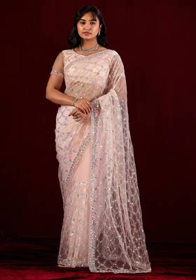 Indian powder peach sequin embroidery embroidered border net saree with unstitched blouse 1