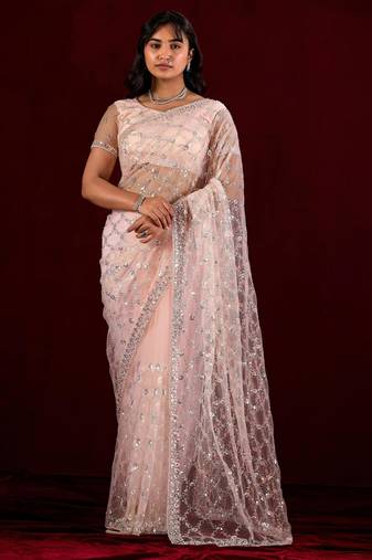 Indian powder peach sequin embroidery embroidered border net saree with unstitched blouse