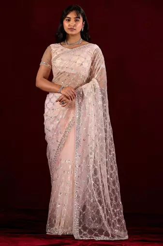 Indian powder peach sequin embroidery embroidered border net saree with unstitched blouse